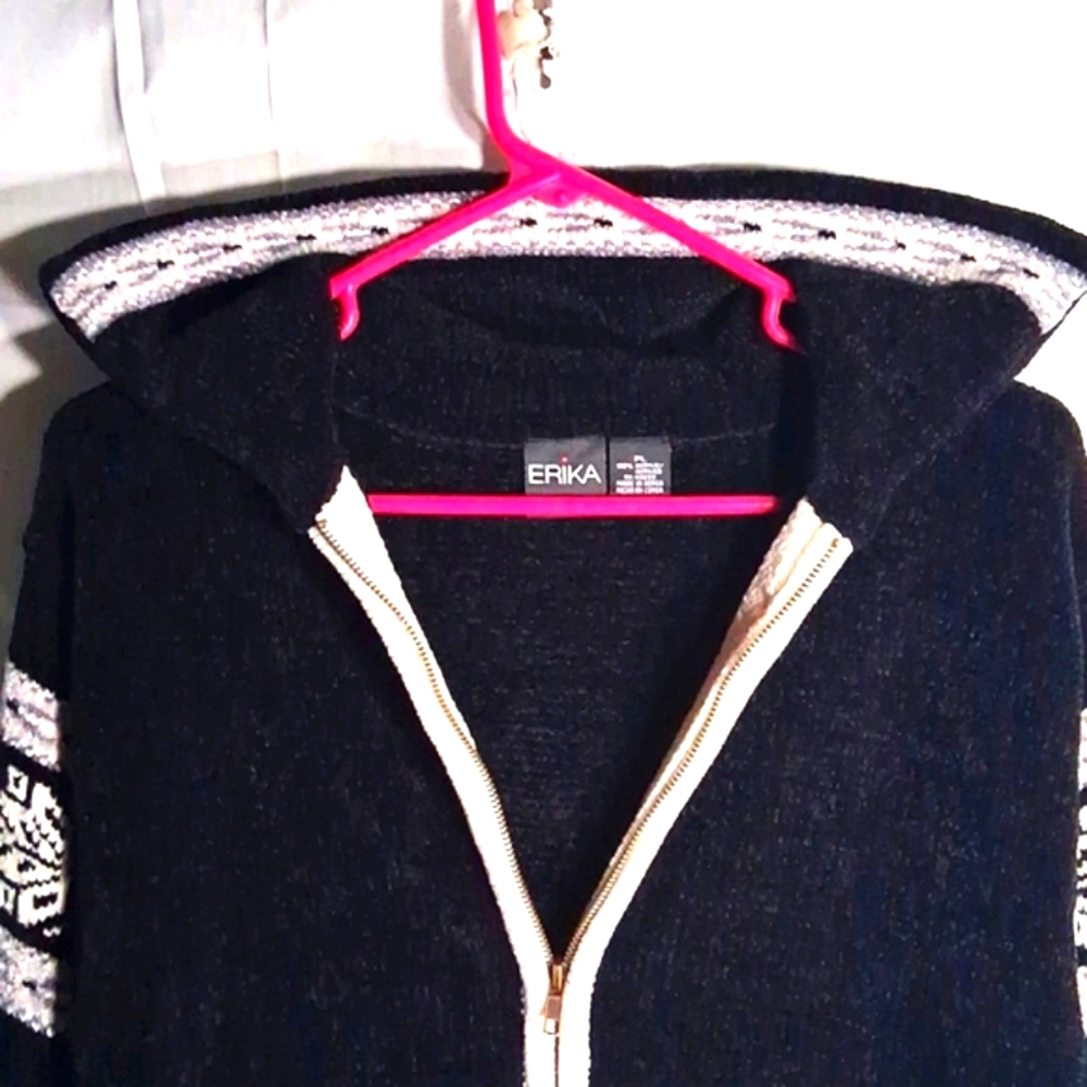 Erika Cardigan Womens PL Black Full Zip Collared Fair Isle Chenille Cozy Nordic - Picture 8 of 13
